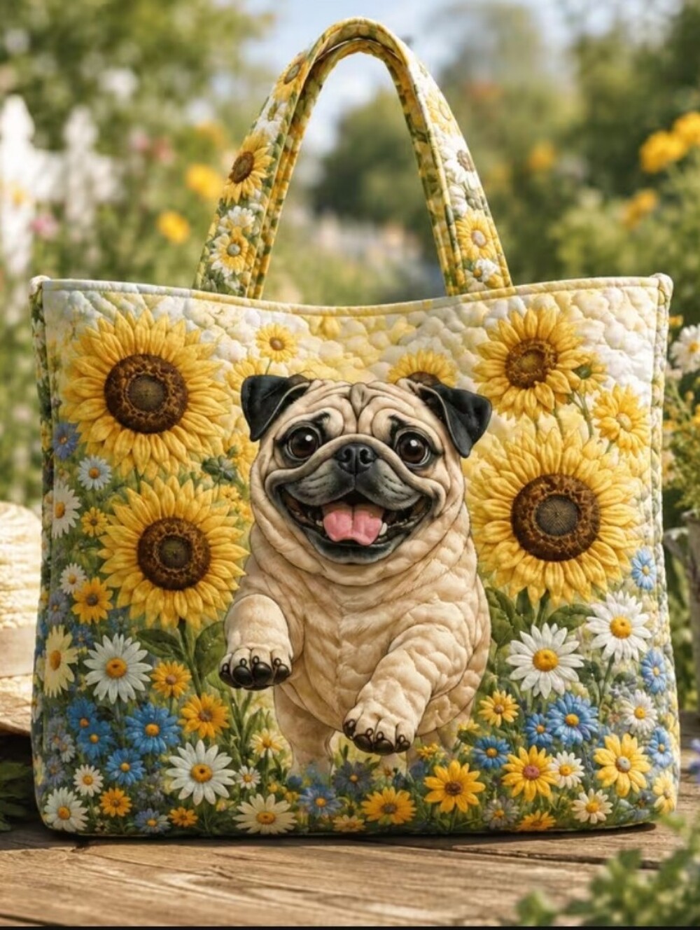 Sunflower Pug Quilted  Tote Bag - Yellow